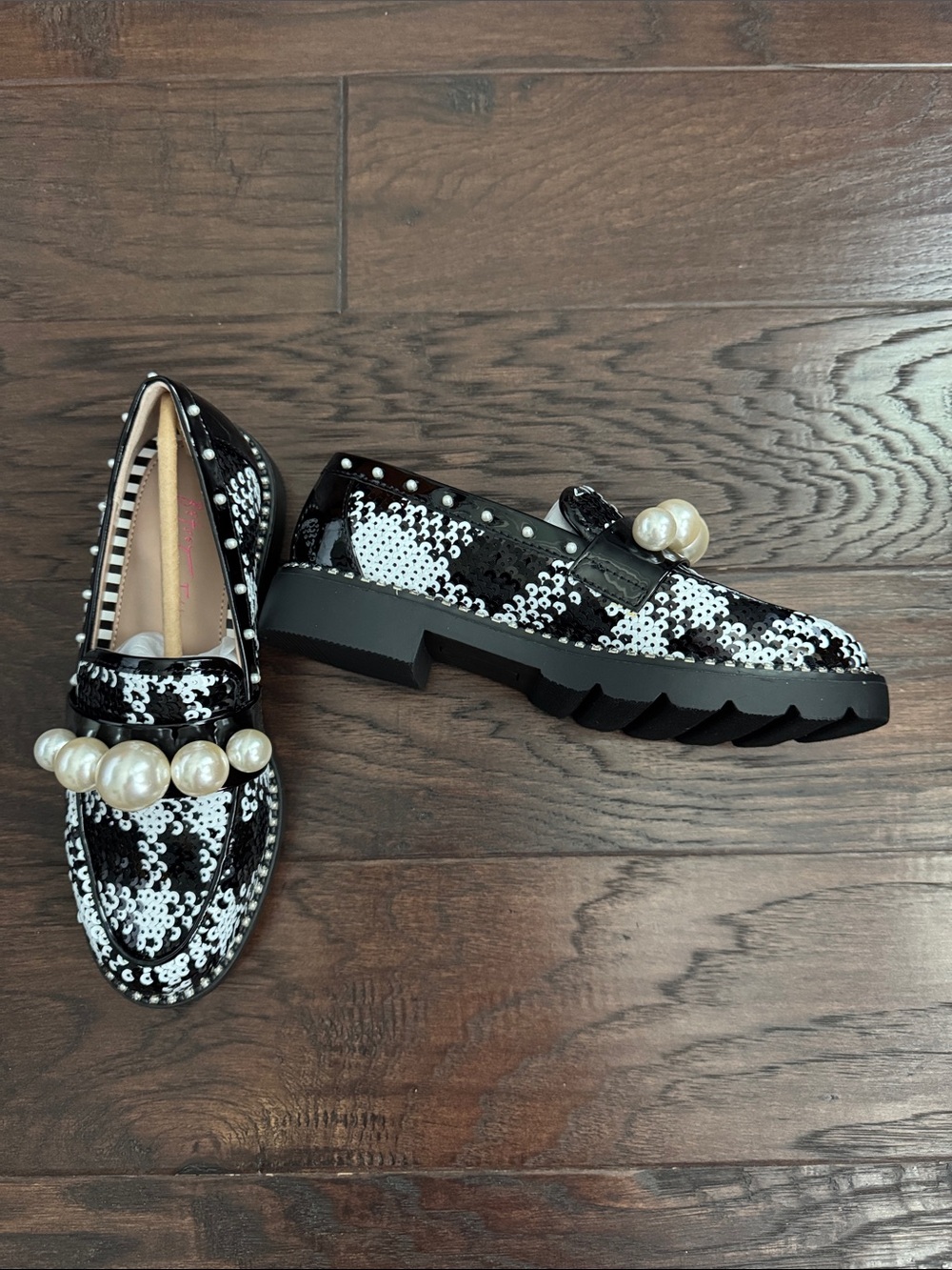 Betsey Johnson Loafers Black & White Women's 5 - Sequin Pearl-Accent Loafers - Picture 3 of 7